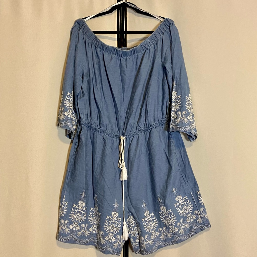 Eloquii Off Shoulder Embroidered Denim Romper Sz16